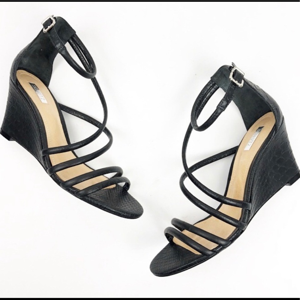 SCHUTZ Black Snakeskin Strappy Wedges Heels - Picture 4 of 7